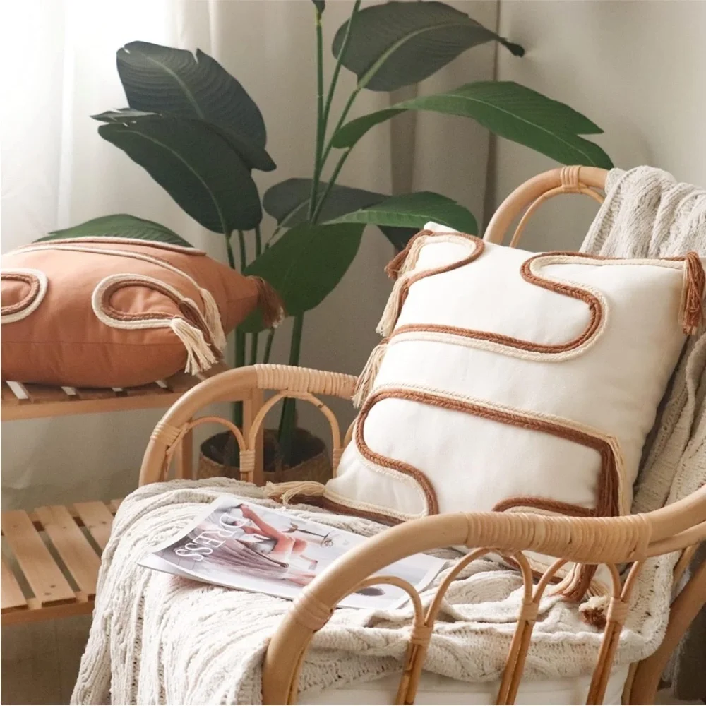 Braided Mid Century Cream Pillow Case Fringed Neutral Textured Boho Farmhouse